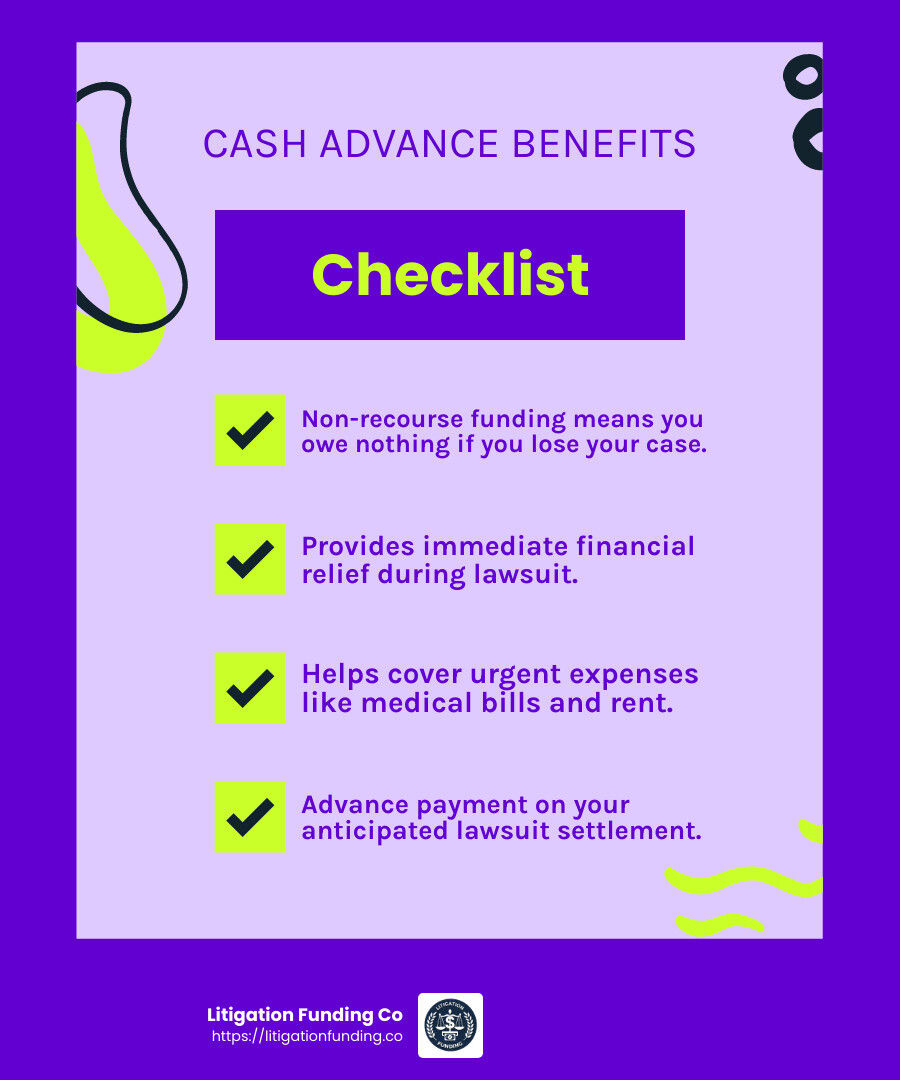 Non-recourse funding means you owe nothing if you lose your case. - cash advance on settlement infographic checklist-fun-neon