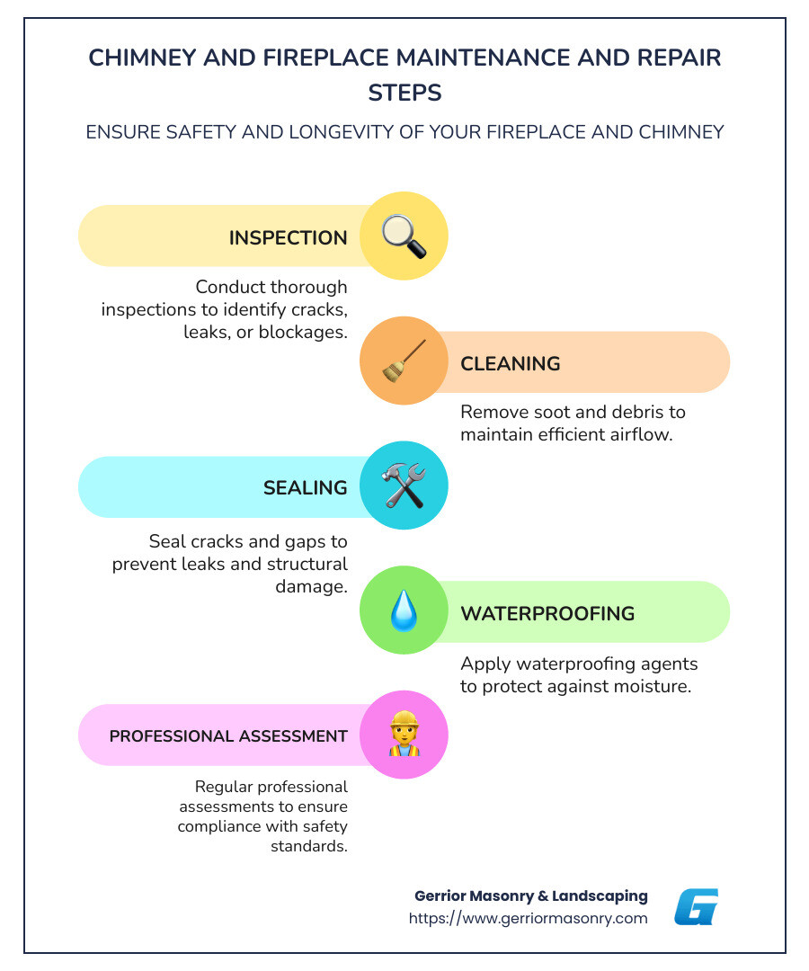 Step-by-step infographic showing chimney and fireplace maintenance and repair steps, such as inspection, cleaning, sealing, and professional assessments. - fireplace and chimney repair near me infographic infographic-line-5-steps-colors