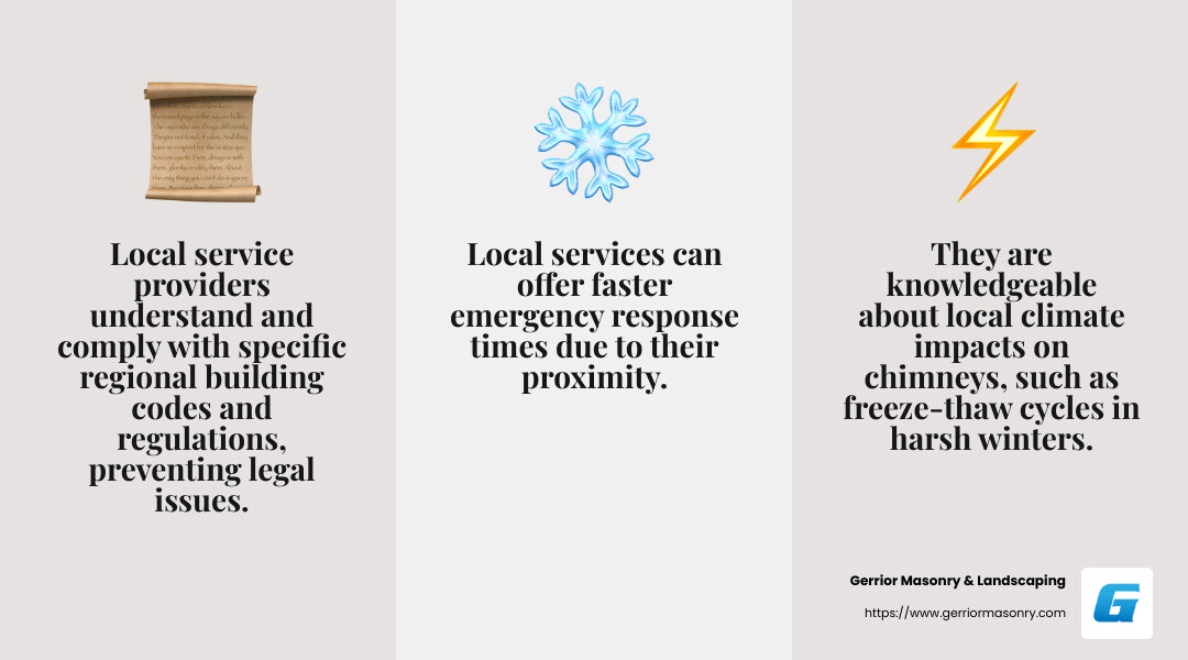 Choosing local services ensures compliance with local regulations and consideration of climate factors. - fireplace and chimney repair near me infographic 3_facts_emoji_grey