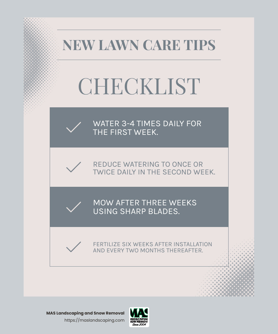 Proper lawn maintenance, including a good watering schedule and regular fertilization, ensures a lush, healthy lawn. - new lawn installation near me infographic checklist-light-blue-grey
