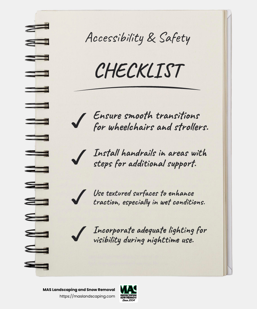 Ensuring smooth transitions and proper lighting improves accessibility and safety. - driveways and walkways infographic checklist-notebook