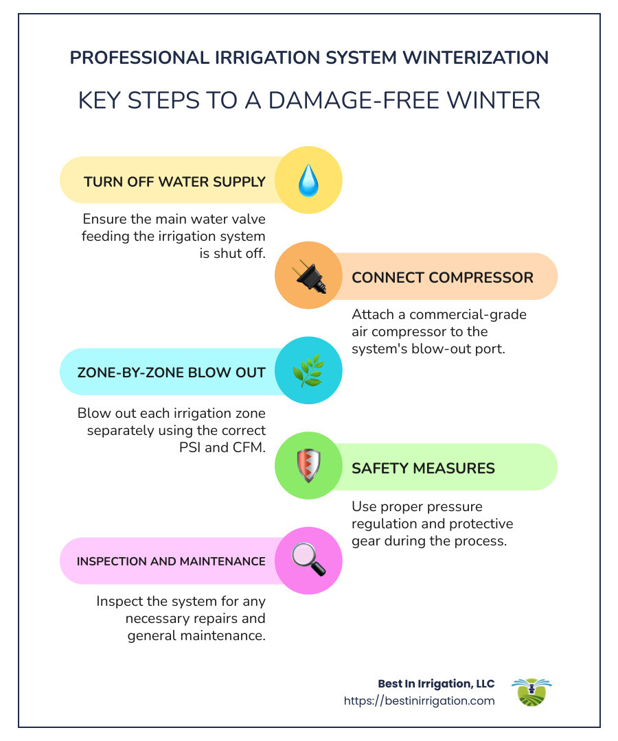 blowing out irrigation system steps - blow out irrigation system infographic infographic-line-5-steps-colors