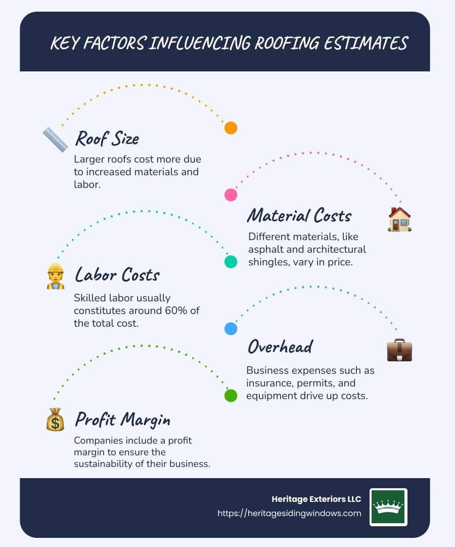 Summary of key factors influencing roofing estimates: roof size, material costs, labor costs, overhead, and profit margin. - roofing estimates bellingham ma infographic infographic-line-5-steps-blues-accent_colors