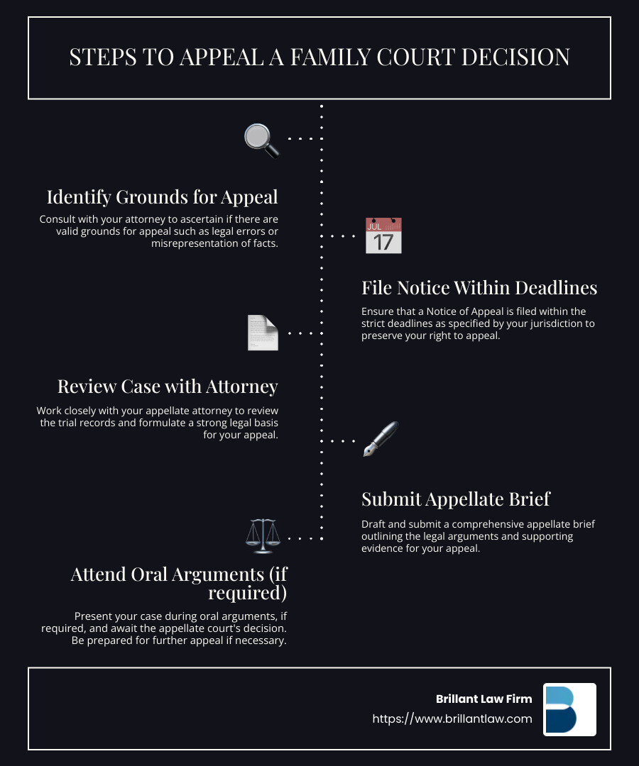 Infographic showing the steps to appeal a family court decision: Identify grounds for appeal, File notice within deadlines, Review case with attorney, Submit appellate brief, Attend oral arguments (if required), Receive appellate court decision, Seek further appeal if necessary - family law appellate attorney near me infographic infographic-line-5-steps-dark