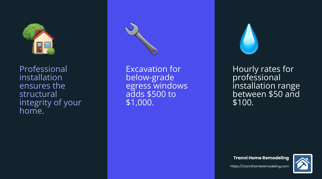 Professional installation ensures safety and compliance with building codes. - cost to install egress window infographic 3_facts_emoji_blue