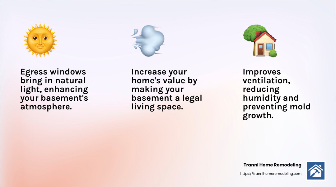 Egress windows bring natural light and ventilation to your basement, making it a more pleasant space. - cost to install egress window infographic 3_facts_emoji_light-gradient