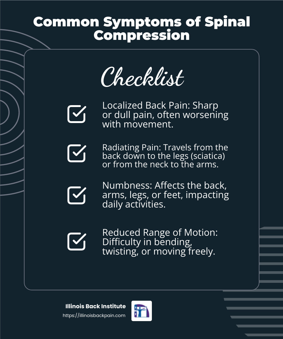 Common Symptoms of Spinal Compression - Spinal decompression in Arlington Heights, Illinois infographic checklist-dark-blue Common Symptoms of Spinal Compression - Spinal decompression in Arlington Heights, Illinois infographic checklist-dark-blue