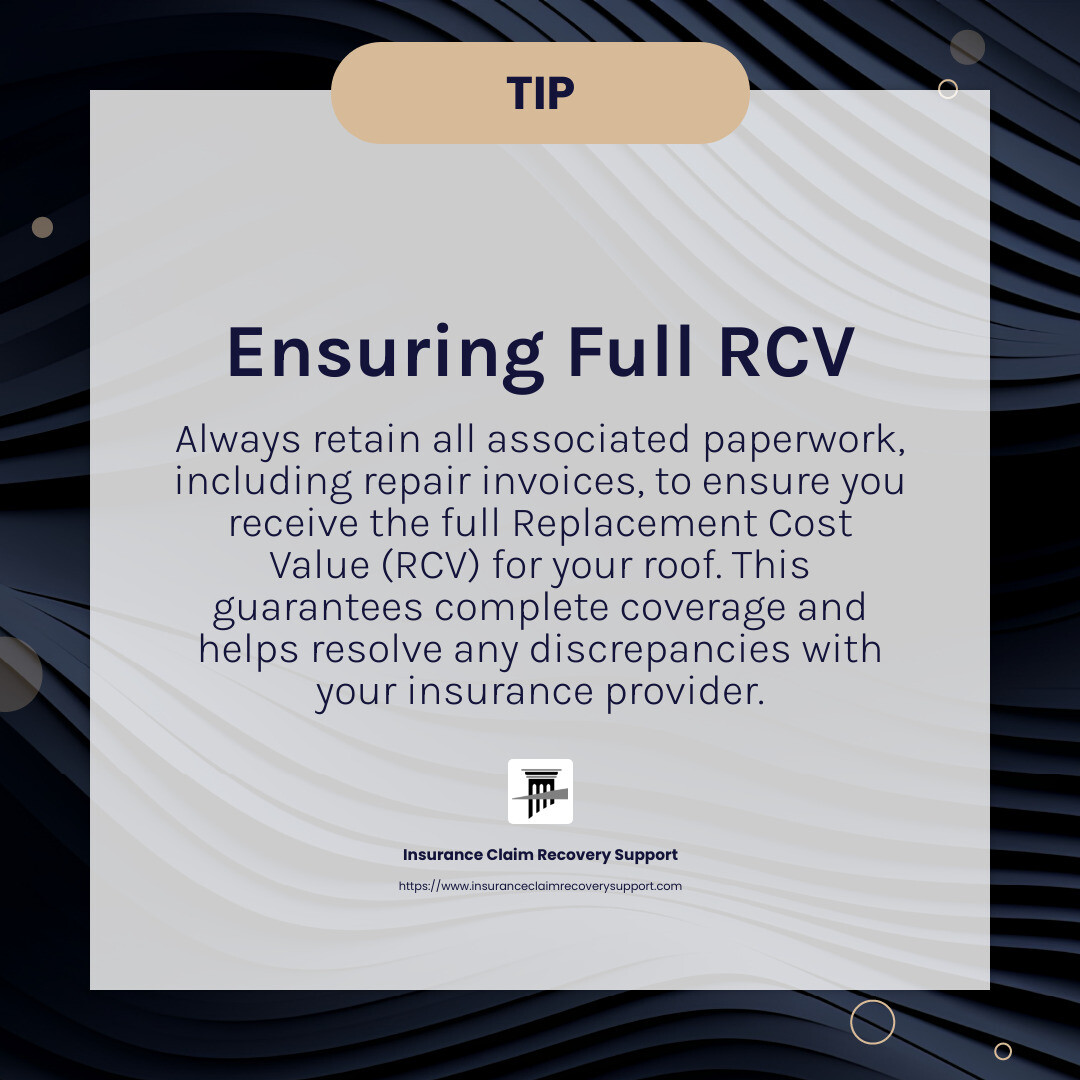 Ensuring you receive full RCV is crucial for complete coverage. - Hail damage claim process infographic simple-info-card-dark