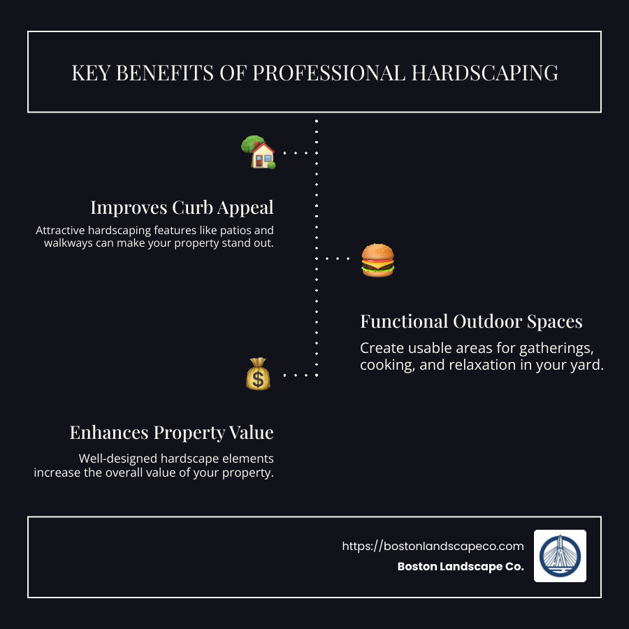 Summary of hardscape benefits - hardscapes near me infographic infographic-line-3-steps-dark