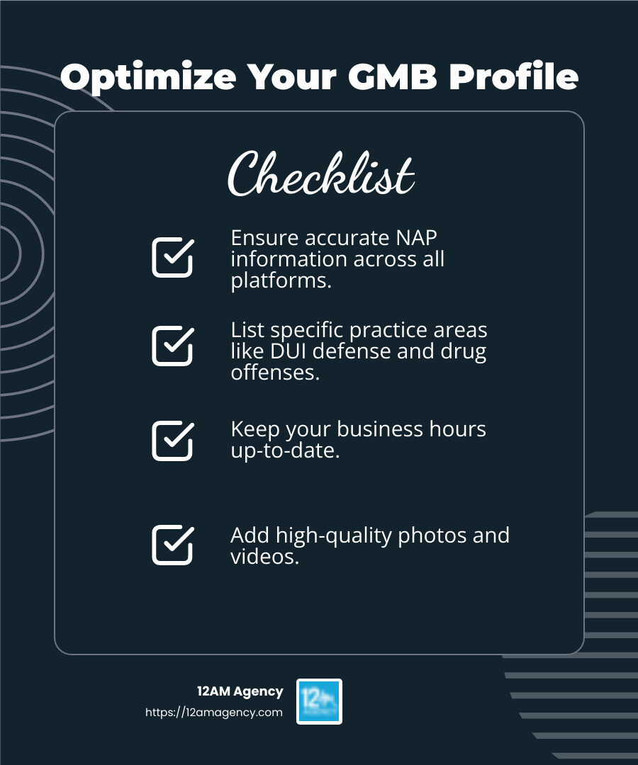 Google My Business Optimization Tips - SEO for criminal lawyers infographic checklist-dark-blue