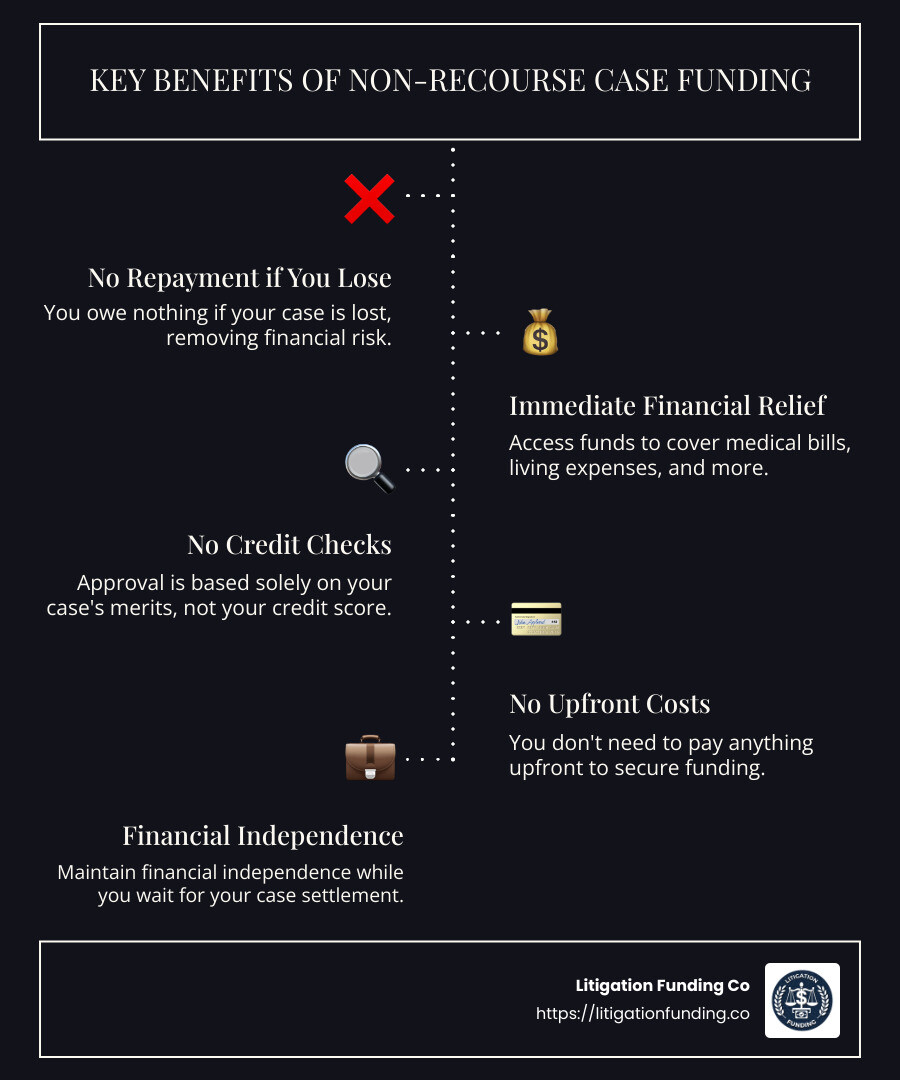 Key Benefits of Non-Recourse Case Funding - non-recourse case funding infographic infographic-line-5-steps-dark