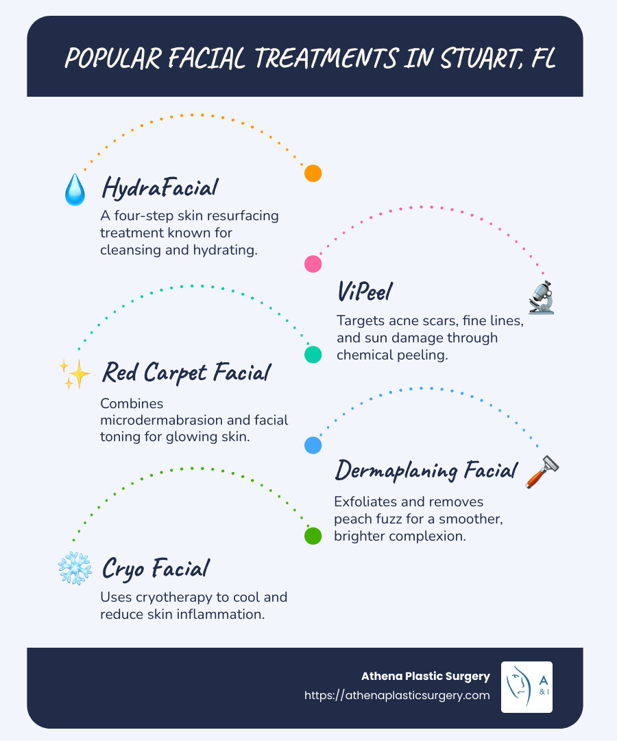 The Ultimate Spa Guide: Facials in Stuart, FL 1 Infographic: Types of Facials in Stuart FL - HydraFacial, ViPeel, Red Carpet Facial - facials stuart fl infographic infographic-line-5-steps-blues-accent_colors