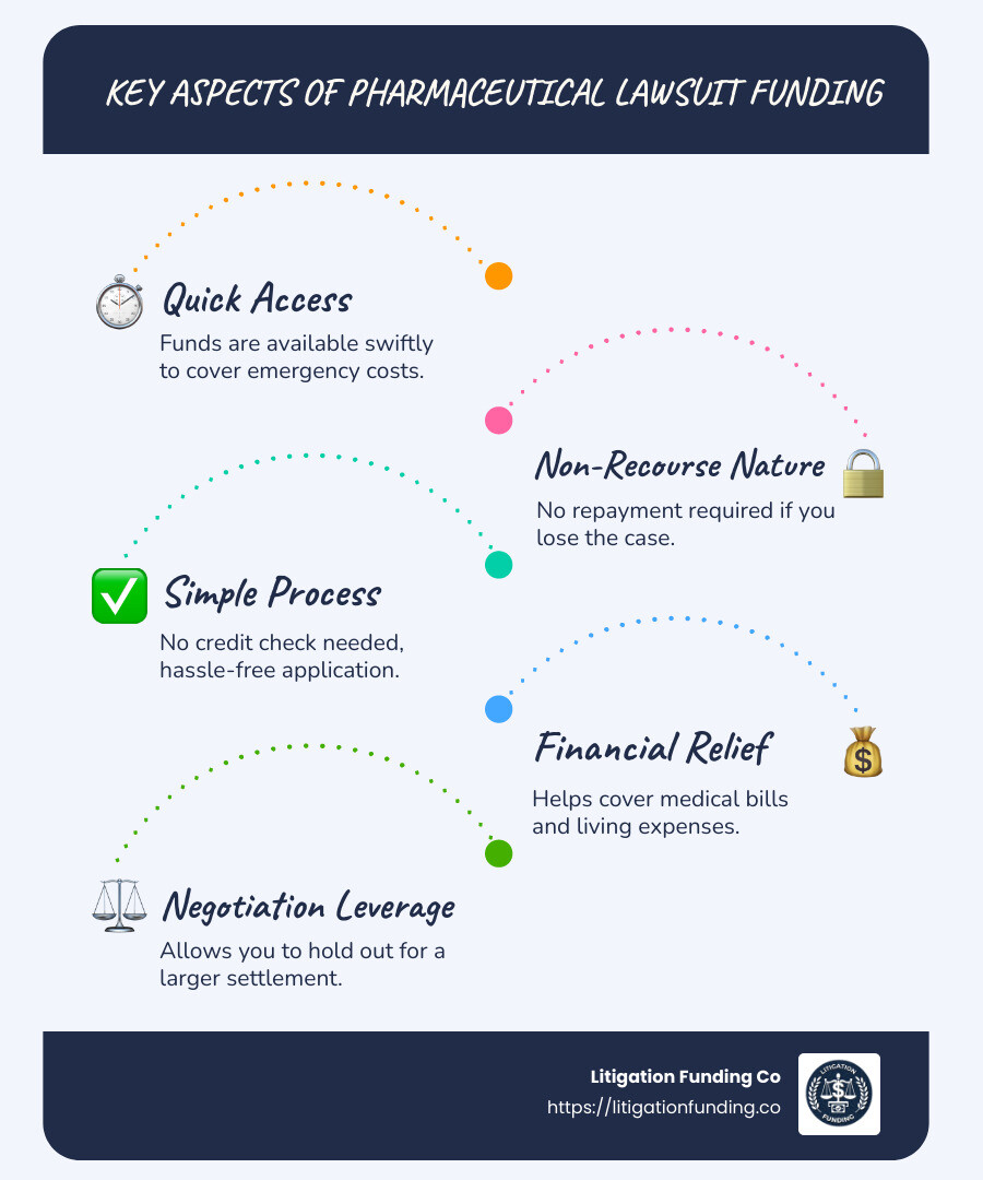 Key Aspects of Pharmaceutical Lawsuit Funding: Non-Recourse, Quick Access, Simple Process - pharmaceutical lawsuit funding infographic infographic-line-5-steps-blues-accent_colors