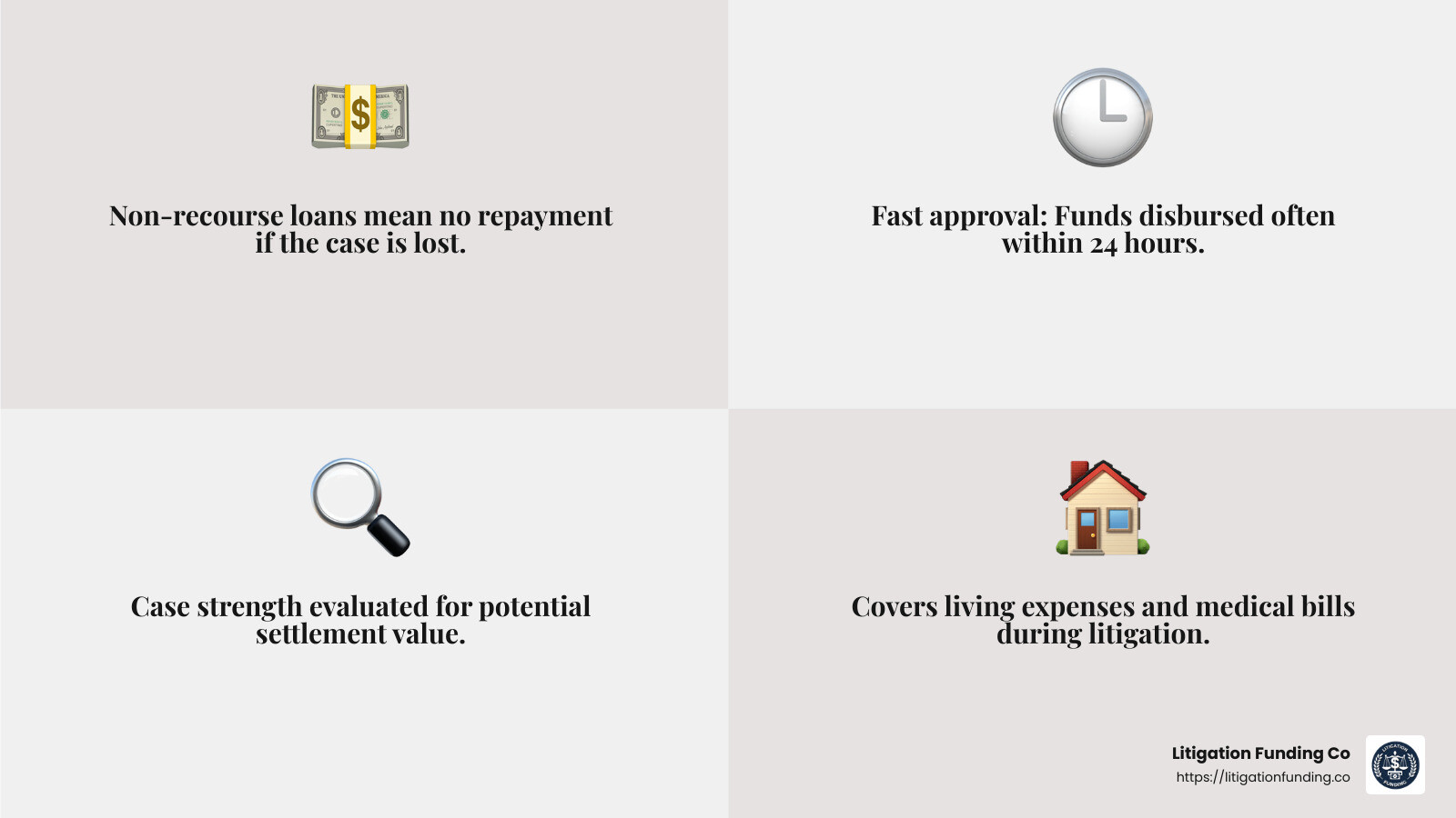 Non-recourse funding ensures no repayment if the case is lost - pharmaceutical lawsuit funding infographic 4_facts_emoji_grey