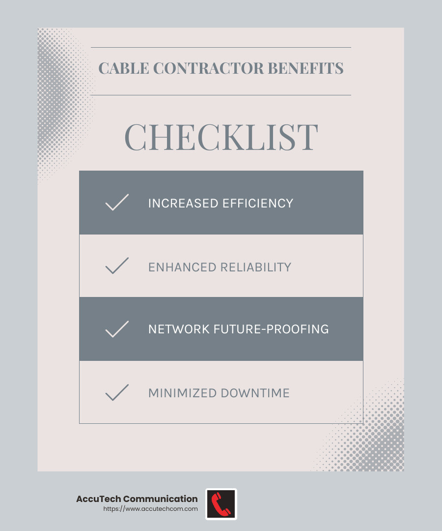Professional cable contractors ensure reliable networks, reducing downtime and increasing efficiency. - cable contractor companies infographic checklist-light-blue-grey