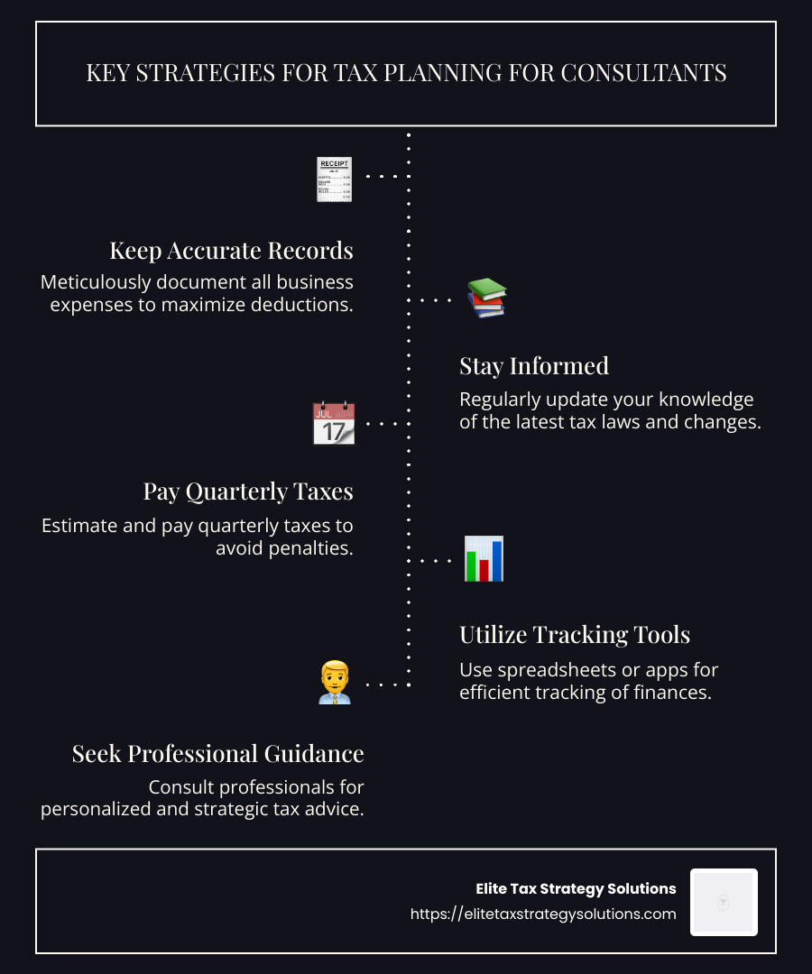 Infographic detailing key strategies for tax-efficient planning including record-keeping, deduction maximization, and regular tax law updates - tax planning for consultants infographic infographic-line-5-steps-dark