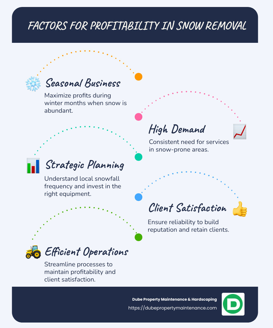 Infographic showing key factors for profitability in snow removal business - business snow removal infographic infographic-line-5-steps-blues-accent_colors