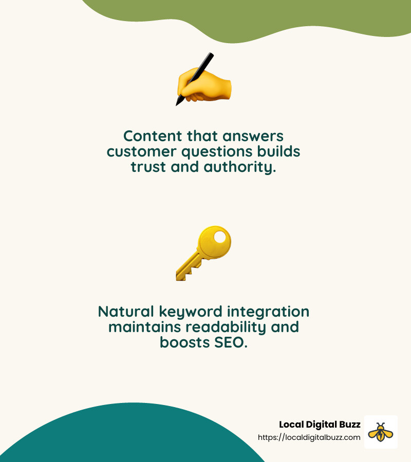 Visual appeal in content creation - small business SEO infographic 2_facts_emoji_nature Icons of a hand writing and a key, with text emphasizing the importance of answering customer questions for trust and authority, and the role of natural keyword integration in enhancing readability and SEO for small business content.