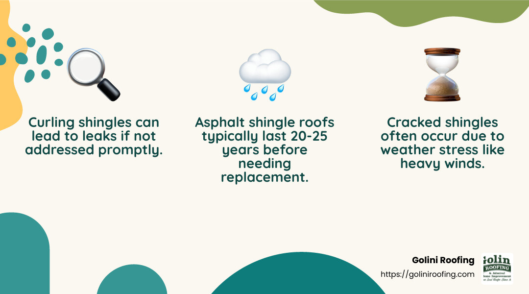 Visible damage to shingles, such as missing pieces, cracks or curling edges, suggests wear and tear that could warrant a new roof. - House Roof Replacement infographic 3_facts_emoji_nature