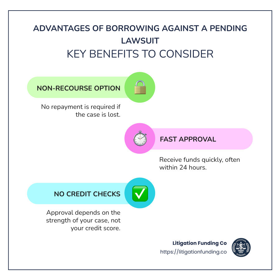 Infographic of advantages of borrowing against a pending lawsuit: non-recourse, fast approval, no credit checks - borrow against pending lawsuit infographic infographic-line-3-steps-colors