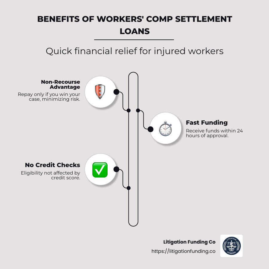 Infographic showing the benefits of workers comp settlement loans, highlighting non-recourse advantage, quick access to funds, and no credit checks required. - loan on workers comp settlement infographic infographic-line-3-steps-neat_beige