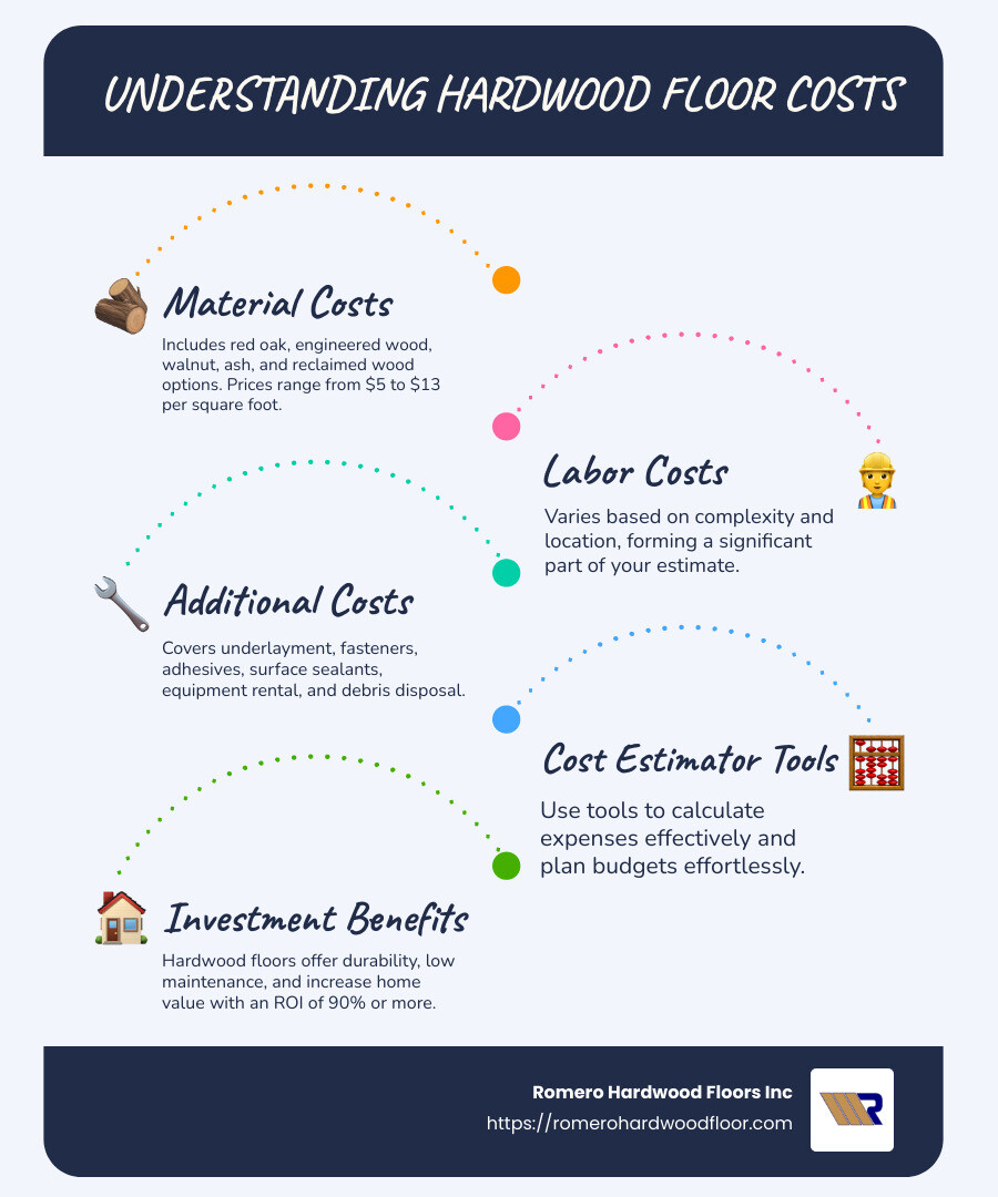 detailed infographic showing hardwood flooring costs broken down by material type, labor, and additional factors, highlighting average costs per square foot and potential savings insights - Hardwood floor cost estimator infographic infographic-line-5-steps-blues-accent_colors