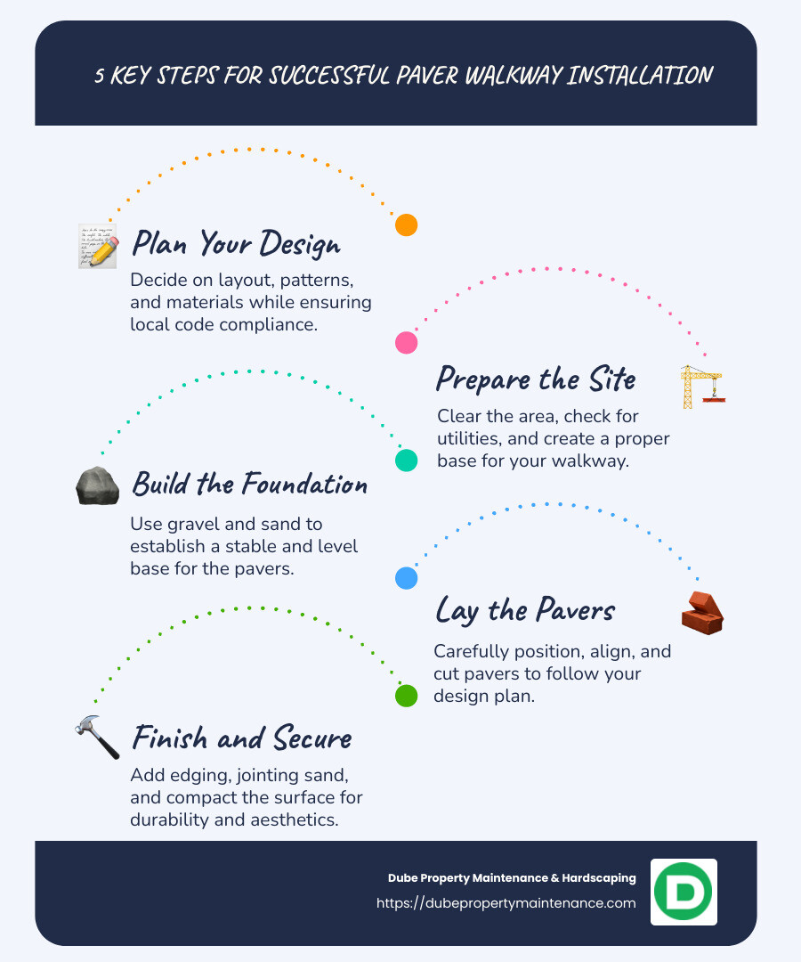 infographic about paver walkway installation steps and benefits - paver walkway installation infographic infographic-line-5-steps-blues-accent_colors