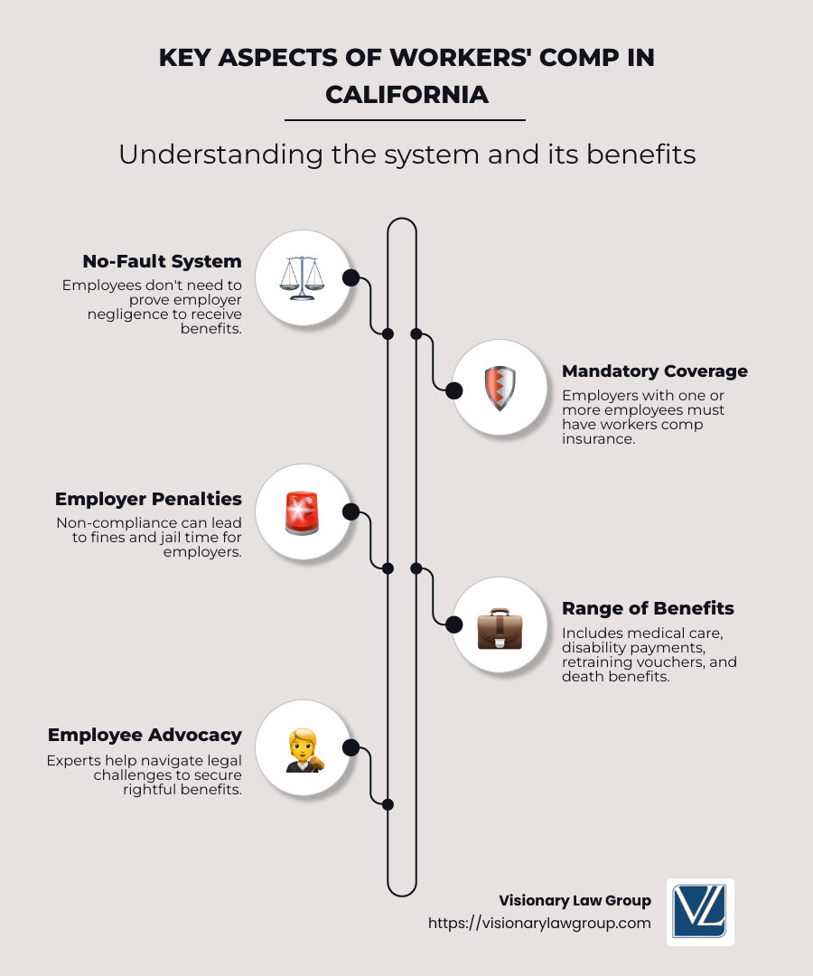 Overview of California workers comp benefits and requirements - workers comp california infographic infographic-line-5-steps-neat_beige