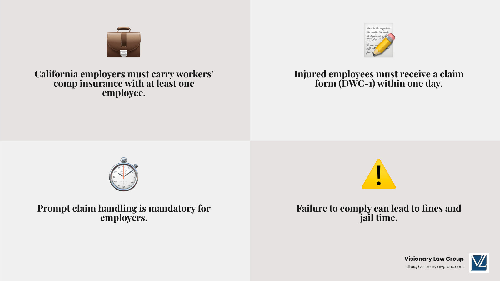 Stat: California workers' comp benefits cover medical treatment, temporary and permanent disability, and more - workers comp california infographic 4_facts_emoji_grey