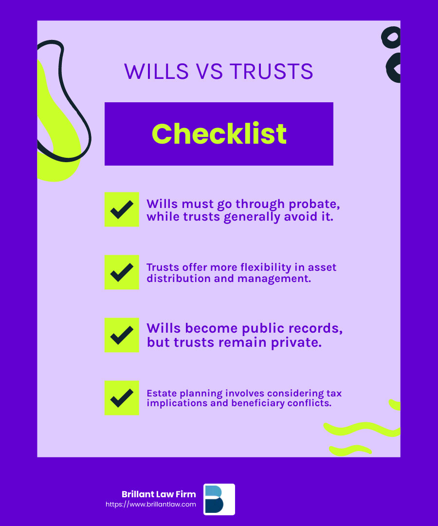 Understanding the difference between wills and trusts - attorneys wills and trusts infographic checklist-fun-neon