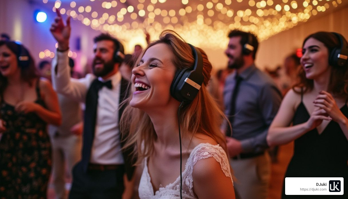 Wireless headphones at a silent disco wedding - Silent disco wedding hire