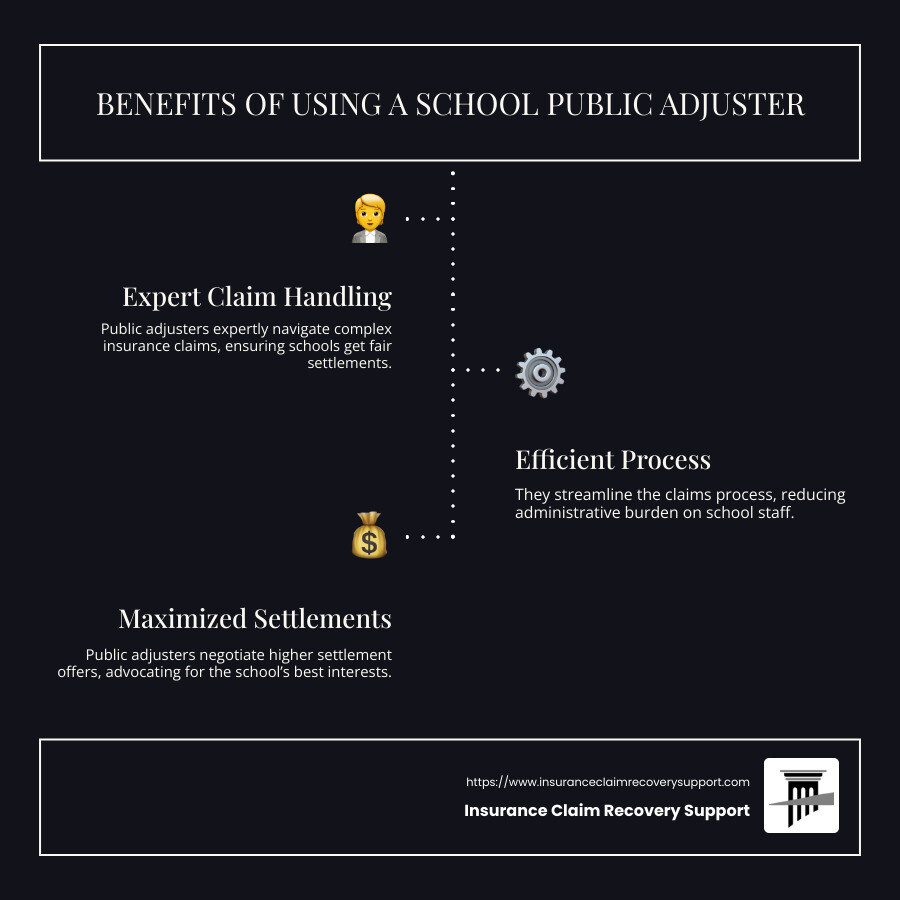 A detailed infographic showing the process and benefits of using a school public adjuster, including steps for filing a claim, negotiation tips, benefits of fair settlement, and role of a public adjuster - school public adjuster infographic infographic-line-3-steps-dark