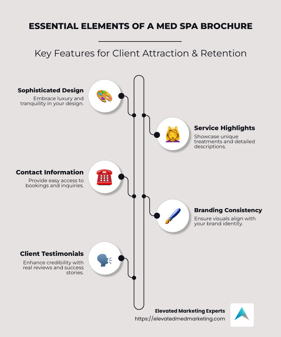 Infographic showing key elements and benefits of a med spa brochure, including design, service highlights, and easy contact options - med spa brochure infographic infographic-line-5-steps-neat_beige
