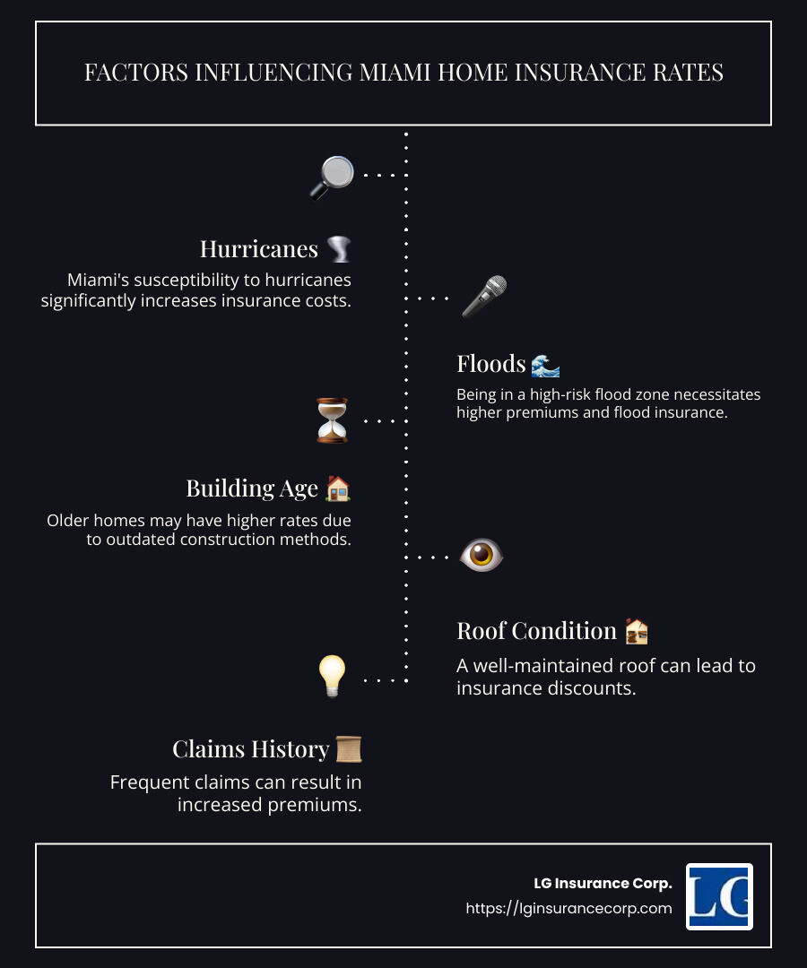 Infographic showing average home insurance costs and risk factors in Miami - Miami home insurance rates infographic infographic-line-5-steps-dark