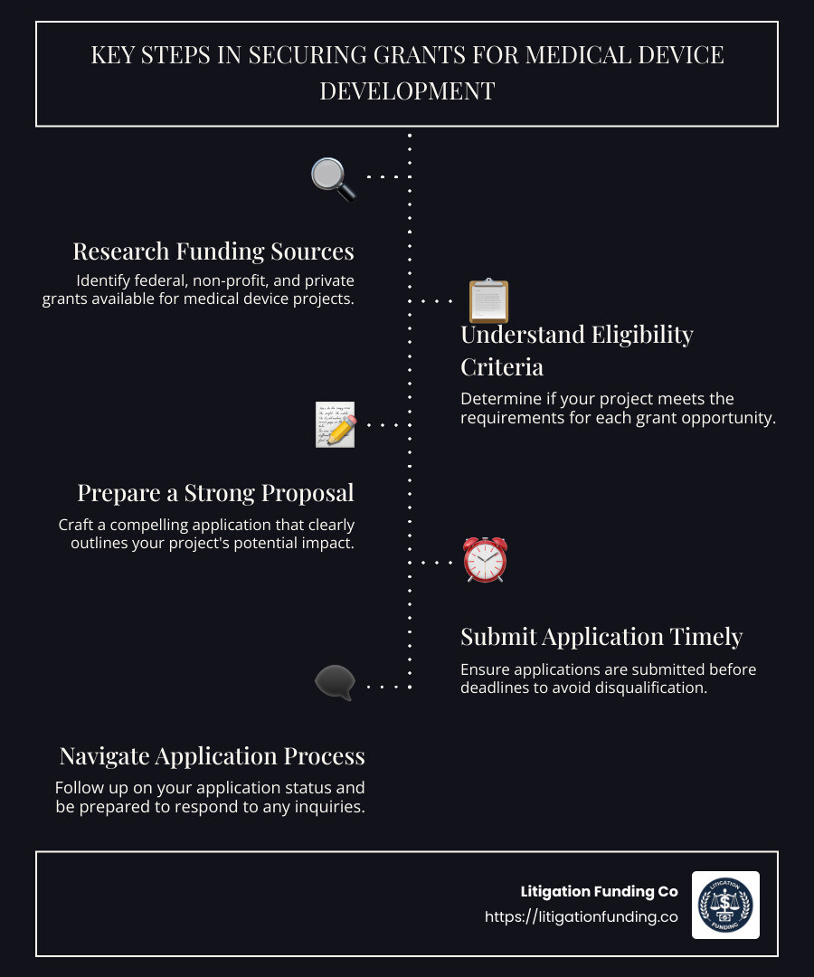 Key funding options for medical device development - grants for medical device development infographic infographic-line-5-steps-dark