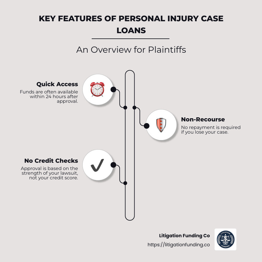 personal injury case loans infographic depicting quick access to funds, non-recourse nature, and lack of credit checks - personal injury case loans infographic infographic-line-3-steps-neat_beige