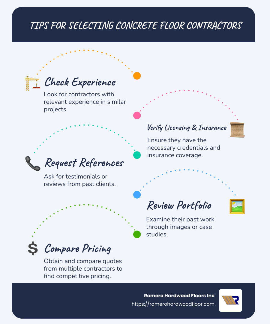 List of tips for selecting concrete floor contractors, including experience, licensing, references, portfolio, and pricing - concrete floor contractor near me infographic infographic-line-5-steps-blues-accent_colors