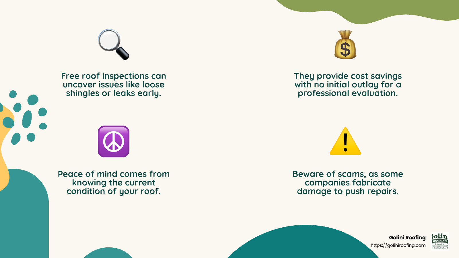 Be cautious of unsolicited offers and vague answers from roofing companies. - free roofing inspection infographic 4_facts_emoji_nature