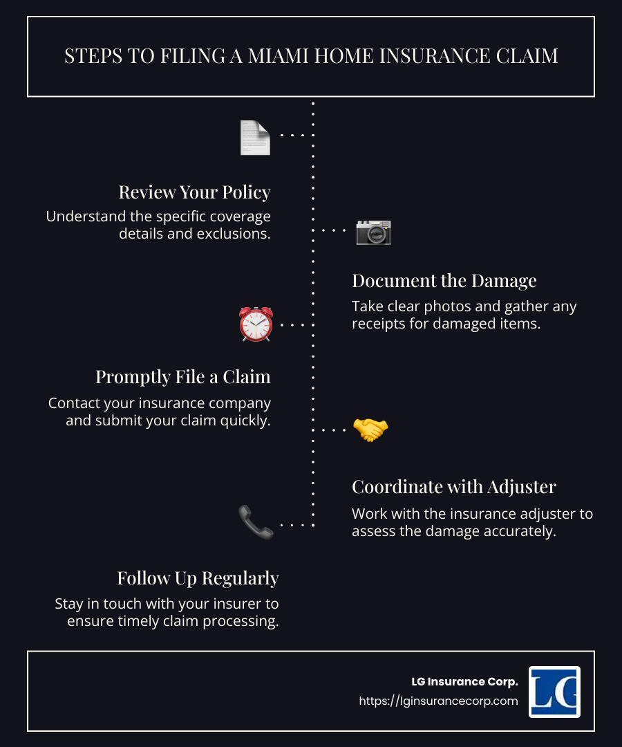 Infographic explaining common home insurance claims in Miami, step-by-step filing process, and recommended documentation like photos and receipts to keep organized before disaster strikes - Miami home insurance claims infographic infographic-line-5-steps-dark