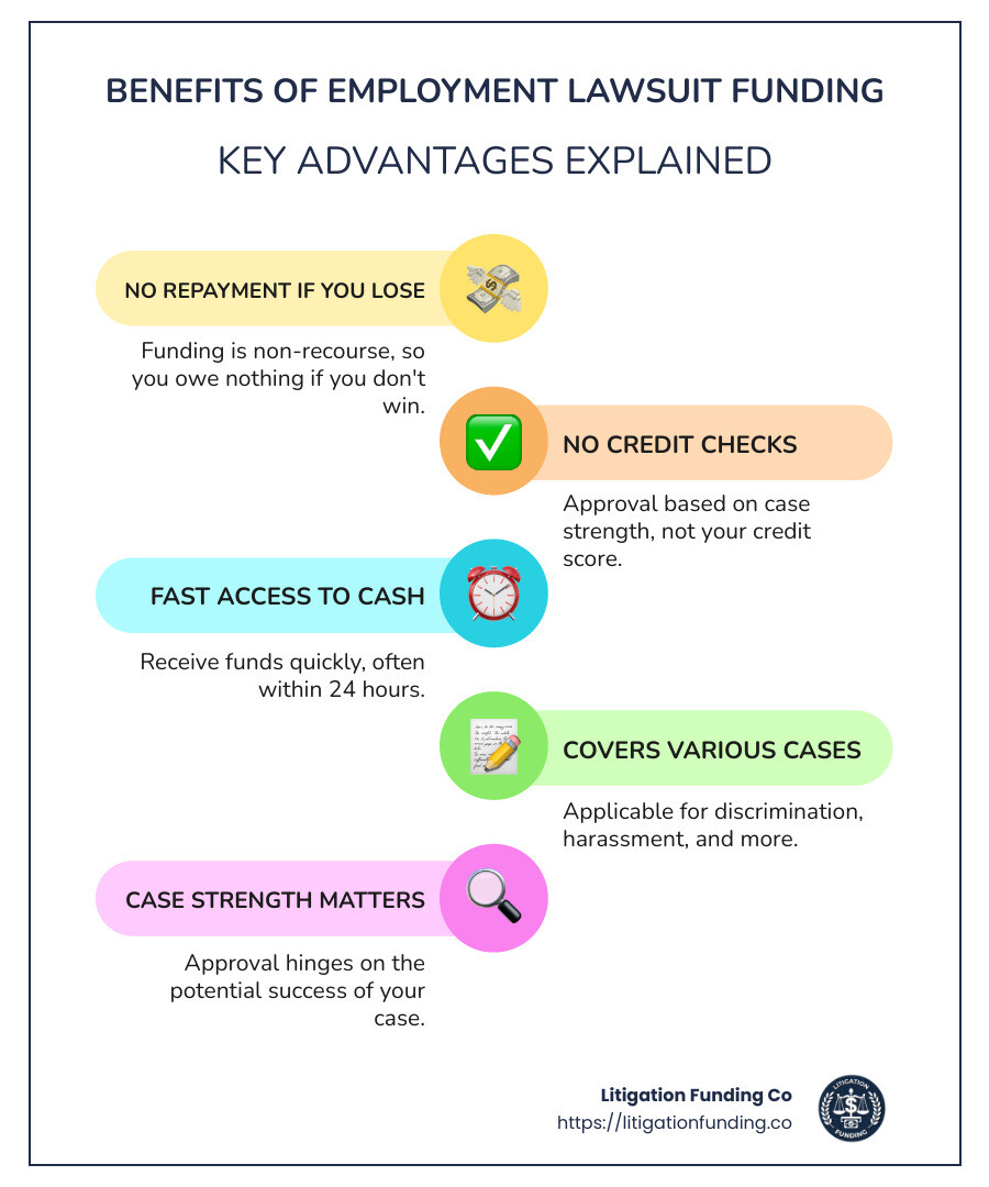 Employment lawsuit funding benefits infographic highlighting no repayment if case is lost, no credit checks, fast funding within 24 hours, coverage for various employment cases, and importance of case strength in approval process - employment lawsuit funding infographic infographic-line-5-steps-colors