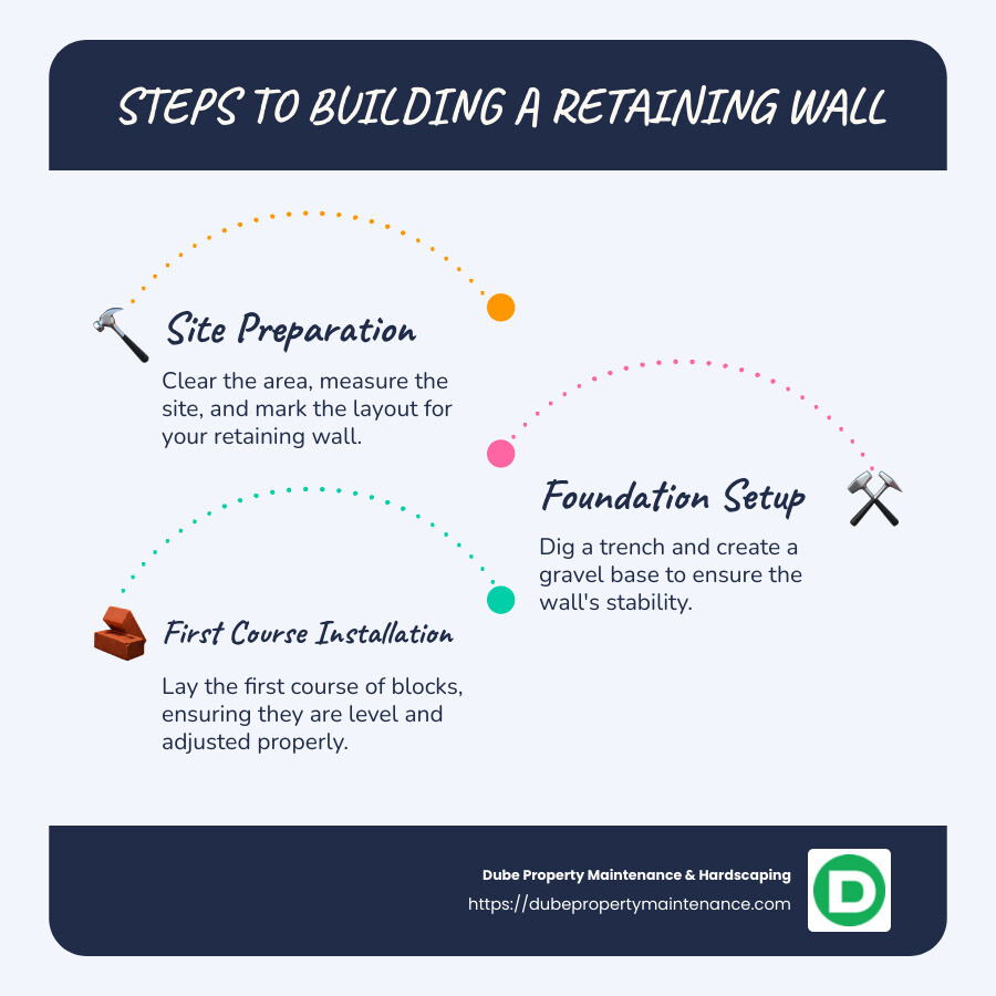 Detailed steps for building a retaining wall, including site preparation, materials needed, and benefits such as soil retention and water management - building a retaining wall infographic infographic-line-3-steps-blues-accent_colors