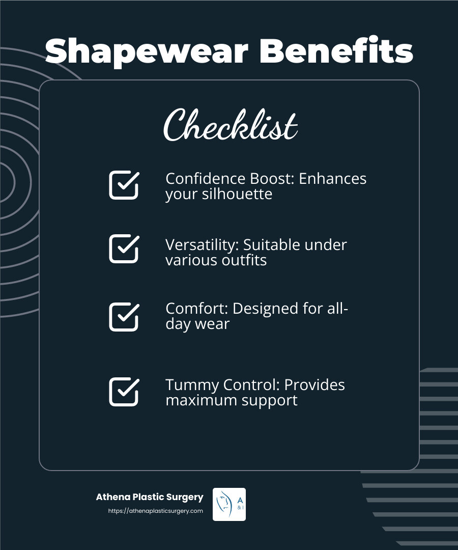 Shapewear benefits infographic - extra firm tummy tucker for lower belly infographic checklist-dark-blue Shapewear benefits infographic - extra firm tummy tucker for lower belly infographic checklist-dark-blue