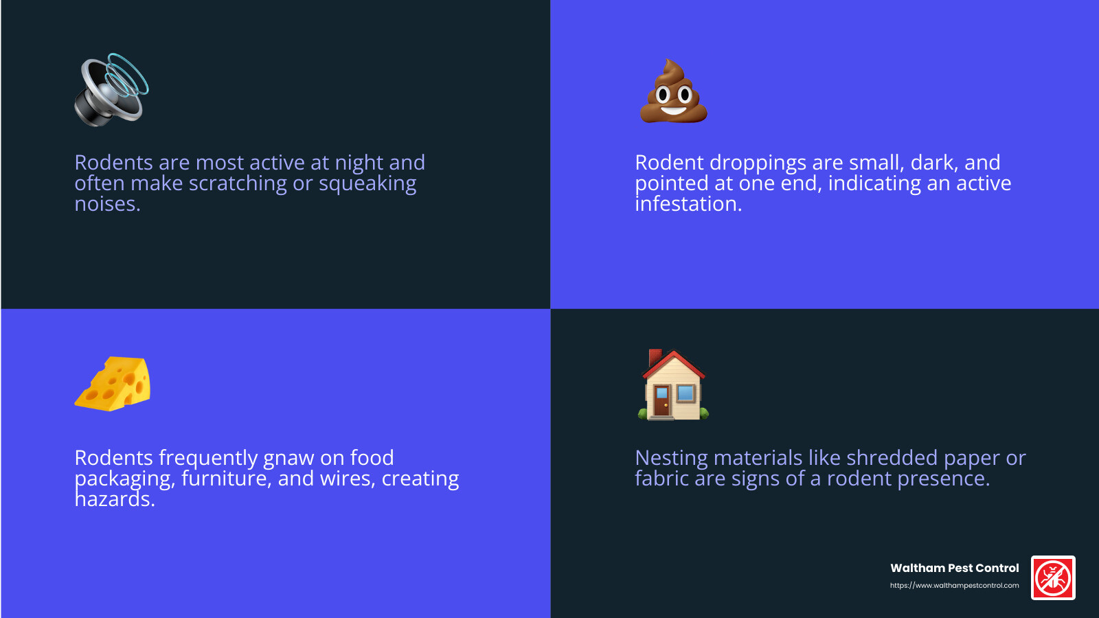Rodent droppings can be found anywhere rodents have accessed. They are common in cabinets, drawers, and other areas out of plain sight. Rodent droppings are pointed at one end and often contain hair. - rodent infestation control infographic 4_facts_emoji_blue
