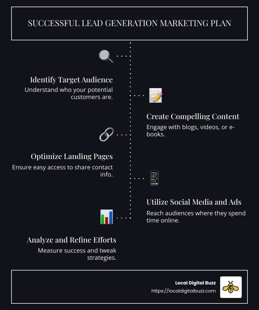 Successful lead generation marketing plan infographic highlighting key strategies: identify target audience, create compelling content, optimize landing pages, utilize social media and ads, analyze and refine efforts; includes icons and branding for Local Digital Buzz.