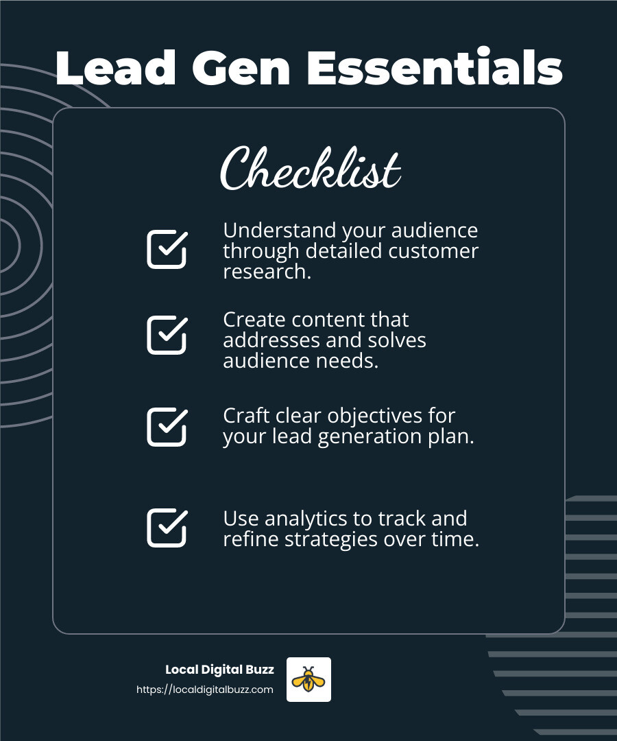 Lead generation checklist highlighting essential strategies: understanding audience needs, creating engaging content, setting clear objectives, and utilizing analytics for strategy refinement. Local Digital Buzz branding included.