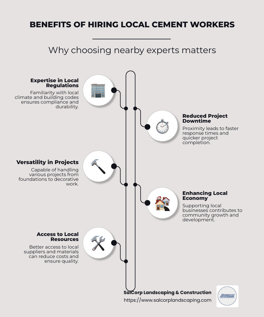 Infographic detailing benefits of hiring local cement workers, including expertise in local regulations, reduced project downtime, and versatility in project types. - cement workers near me infographic infographic-line-5-steps-neat_beige