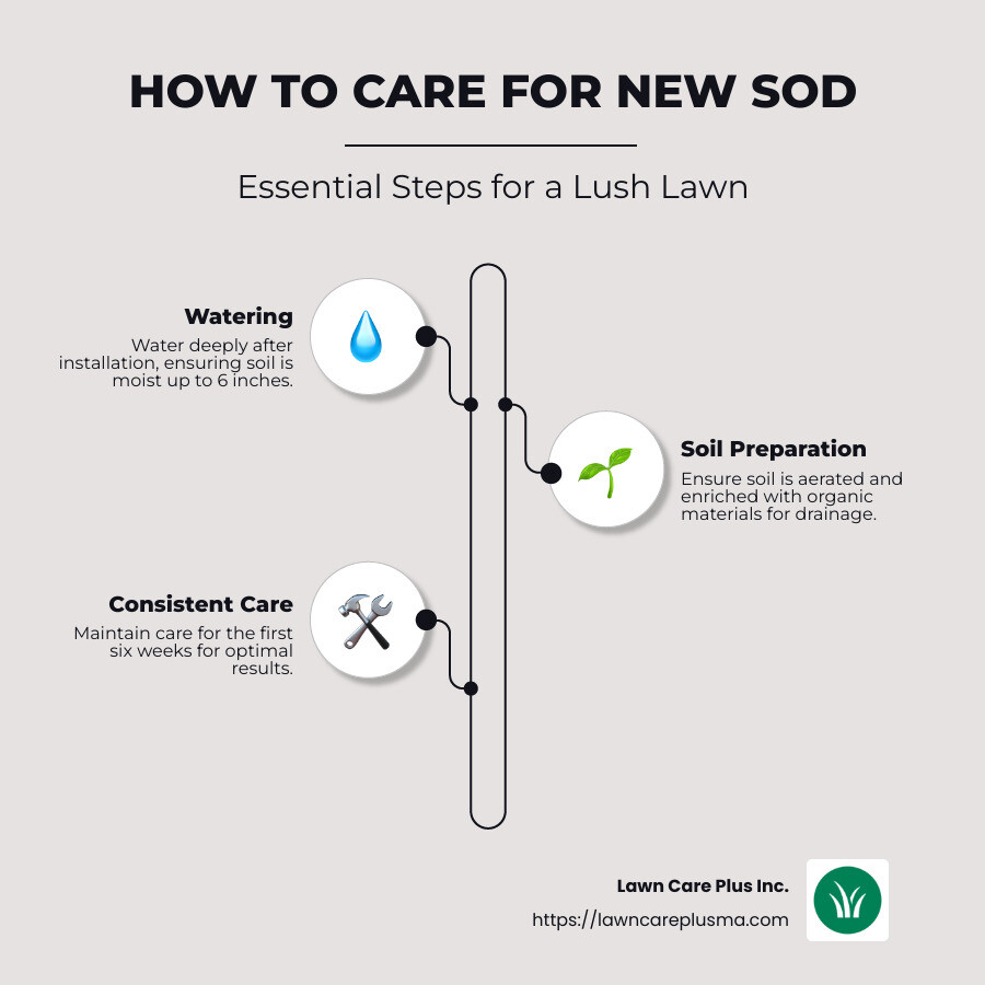 Infographic showing steps for preparing soil and caring for new sod including watering, timing, and fertilization - how to care for new sod infographic infographic-line-3-steps-neat_beige