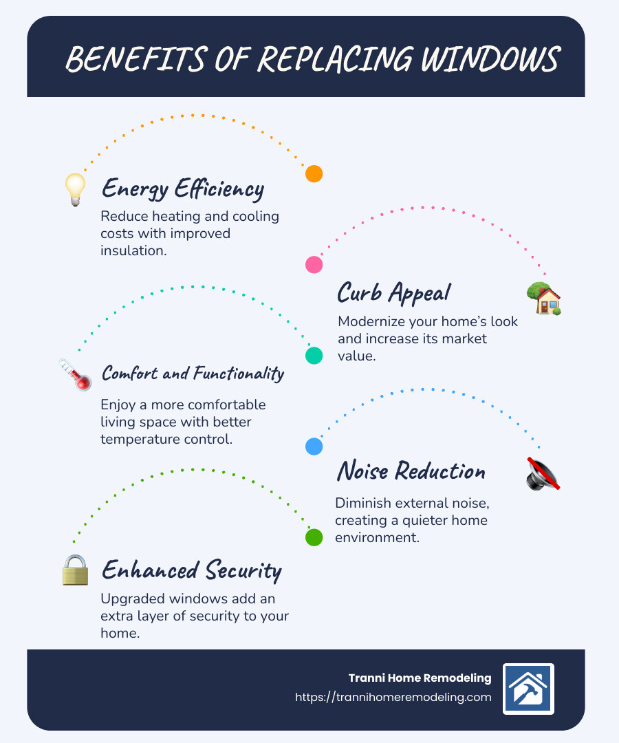Benefits of replacing windows in house infographic that lists energy savings, increased home value, noise reduction, improved comfort, and improved security, with images of each benefit in separate sections of the infographic - replacing windows in house infographic infographic-line-5-steps-blues-accent_colors