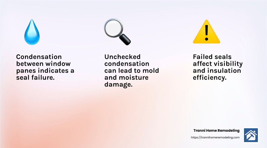 Condensation between window panes can indicate a seal failure. - replacing windows in house infographic 3_facts_emoji_light-gradient