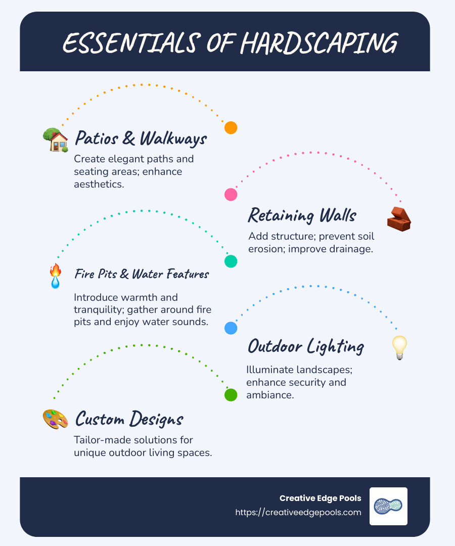 Detailed example of hardscape design options including patios, retaining walls, and landscape features with prices and timelines - hardscape services near me infographic infographic-line-5-steps-blues-accent_colors